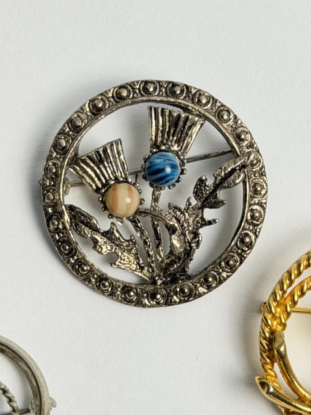 Vintage Brooch Lot 4 Floral Circle Faux Pearl Stone Gold Silver Tone Pin Pendant